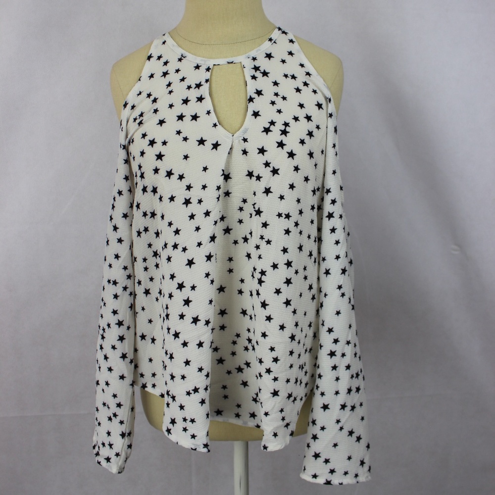 7 Sisters Juniors Printed Cold-Shoulder Top Blouse - Picture 3 of 4